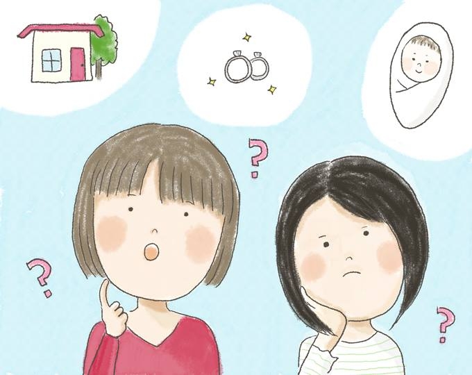 【イラスト】むらたさんとむらたさんの彼女が、結婚や子供について疑問に思う様子が描かれている