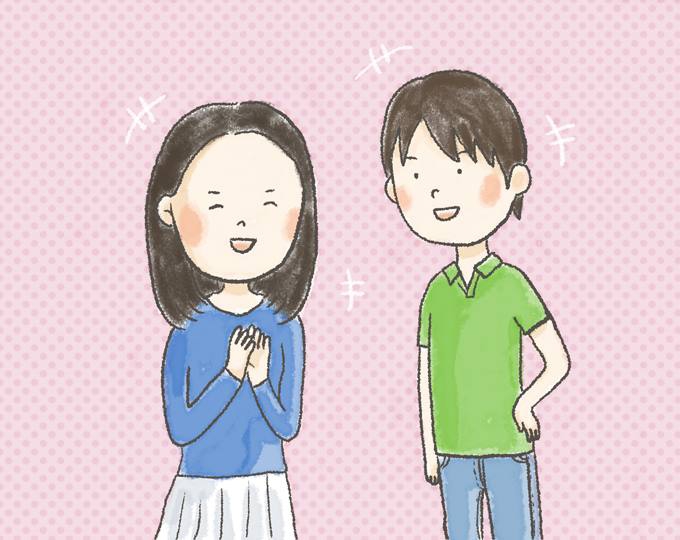 【イラスト】彼氏と一緒に楽しそうに会話をする、大学生の頃のまほろさん