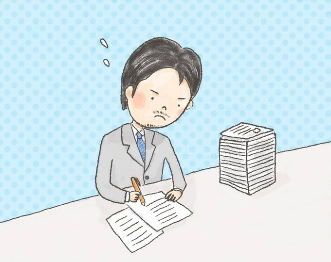 【イラスト】積み上げられている書類に一生懸命目を通す、はやしさん