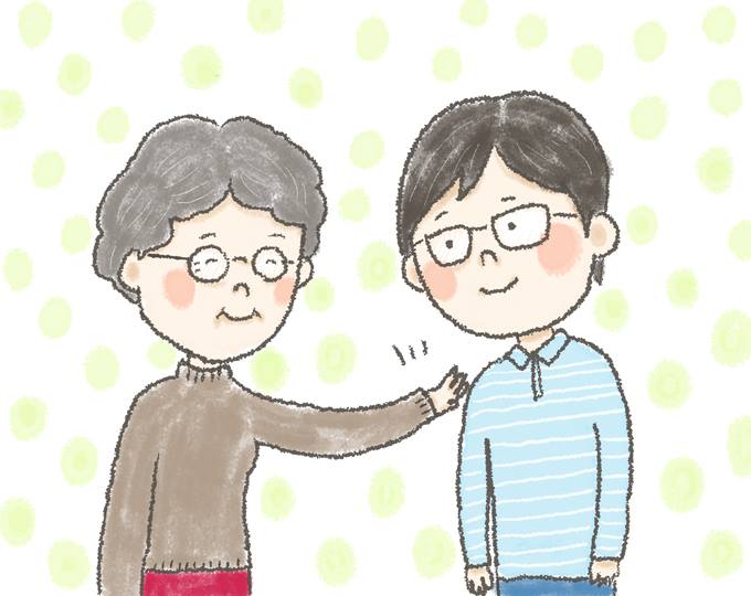 【イラスト】笑顔でどいさんの肩を軽くたたく、おばあちゃん