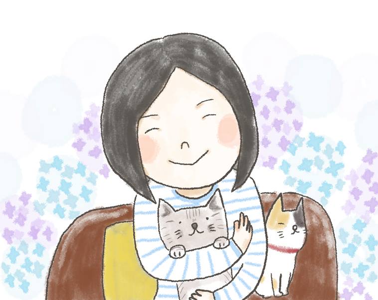 【イラスト】猫たちに囲まれながら微笑むともこさん