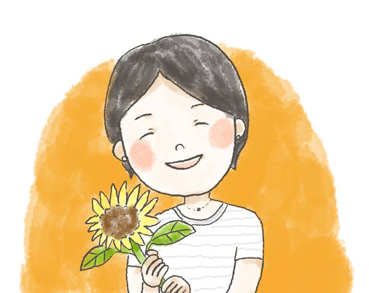 【イラスト】ひまわりを持ち、笑顔を見せるつのださん