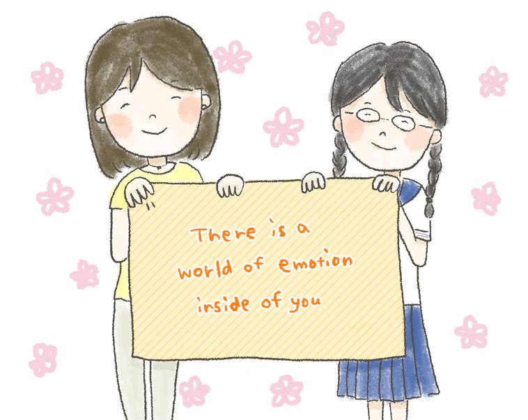 【イラスト】女の子が2人で「There is a world of emotion inside of you 」と書かれた布を持っている