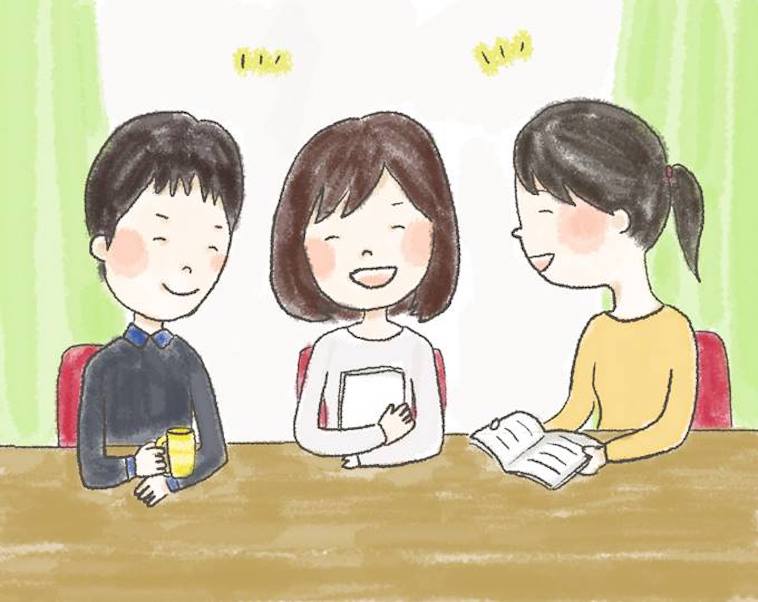 【イラスト】おしゃべりを楽しむ3人の男女