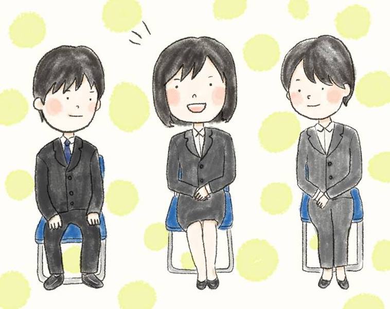 【イラスト】複数の就職活動生の中で、ハキハキと話す就職活動生
