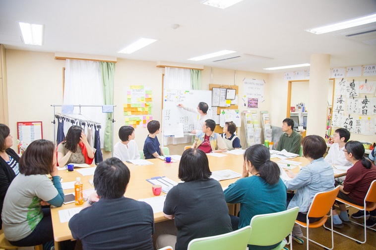 【写真】十数名が机を囲み気分しらべをしている様子