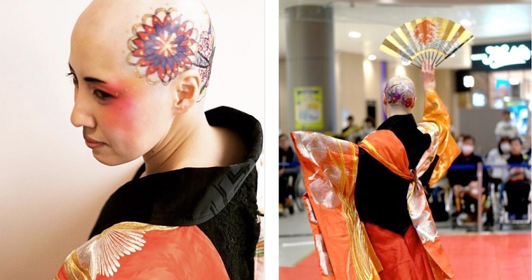 【写真】頭皮にペイントをして着物を着ているつちやみつこさん
