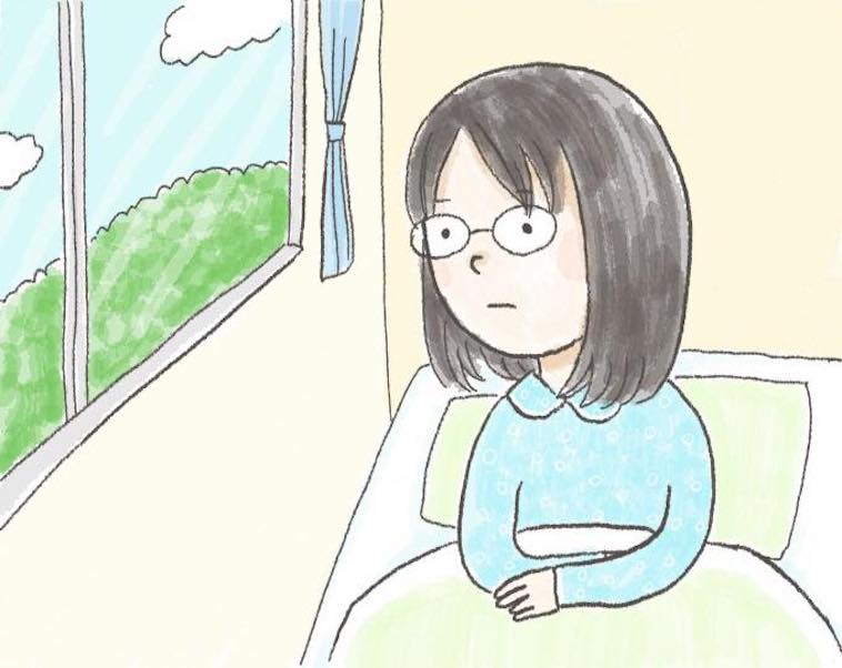 【イラスト】布団から上体を起こし窓の外を眺めるくどうさん