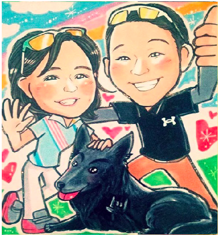 【イラスト】そでやまさんと、そでやまさんの夫、そして犬が描かれている