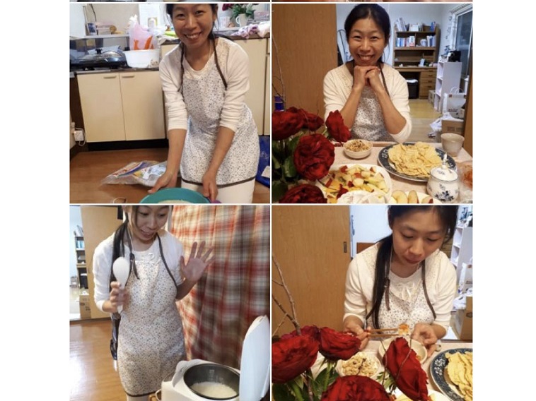 【写真】マツムラミチエさんの日常を紹介したスライド。料理をしている様子や、部屋にバラを飾って美味しそうな料理を前に微笑む写真