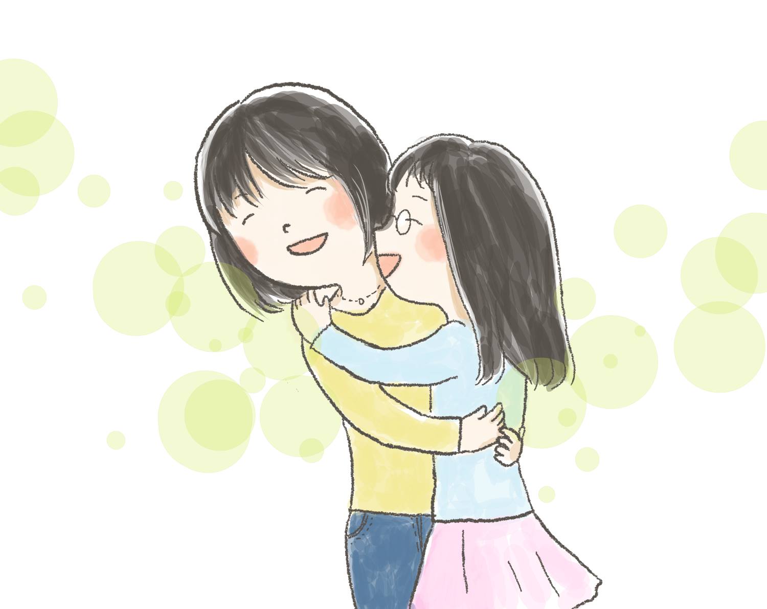 【イラスト】笑顔で抱きしめ合ういもあんさんとTちゃん